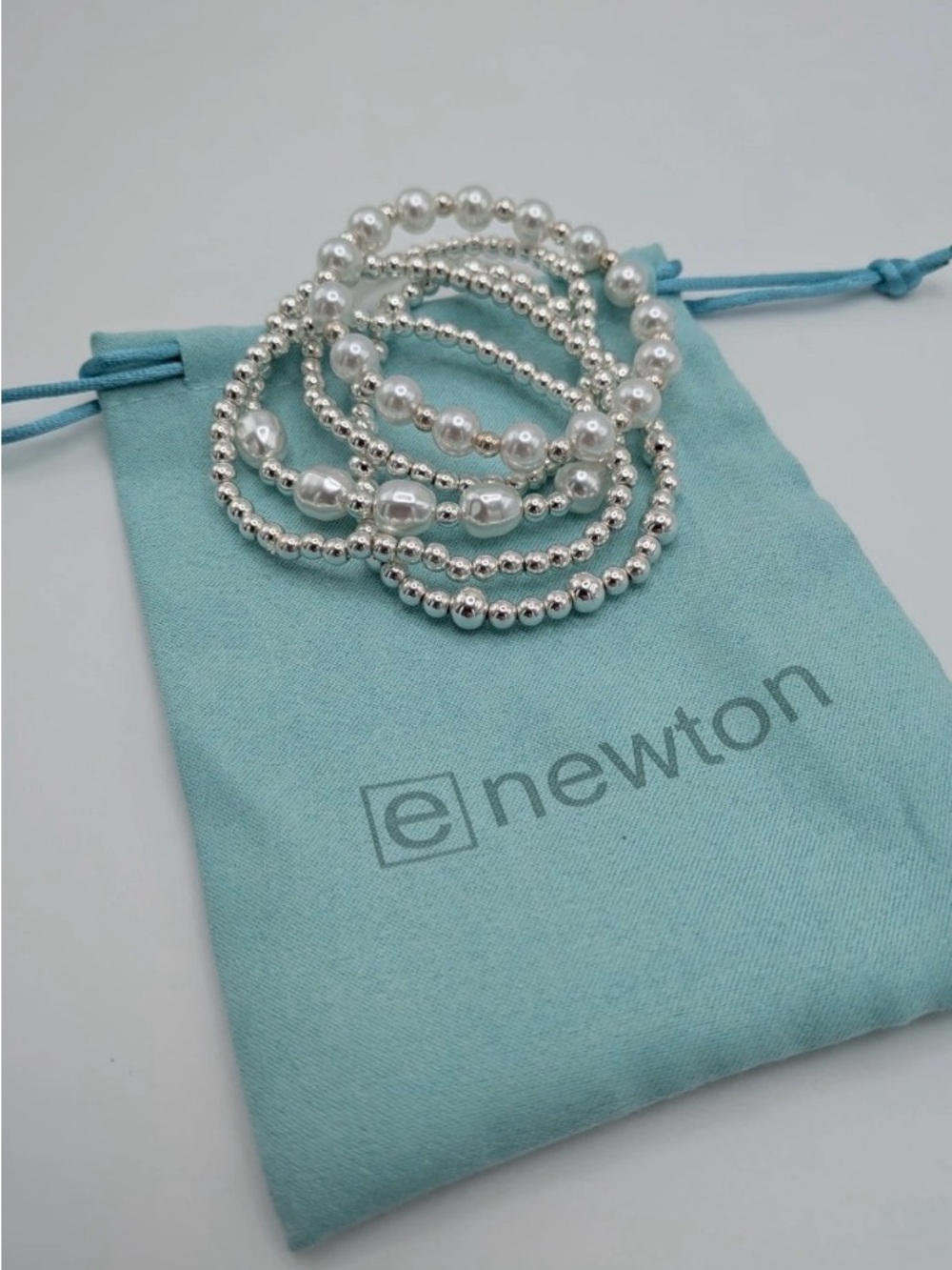 Newton Silver and Pearl Stretch Bracelet Stack - Silver 5 stack